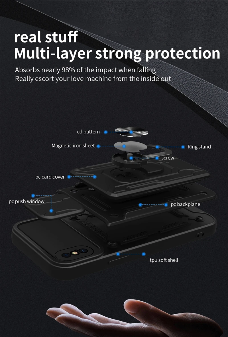 For iPhone 13 12 11 Pro Max Case Slide Camera Card Slot Kickstand Magnetic Ring Shockproof Armor XR XS Max X XS 6 7 8 Plus Cover