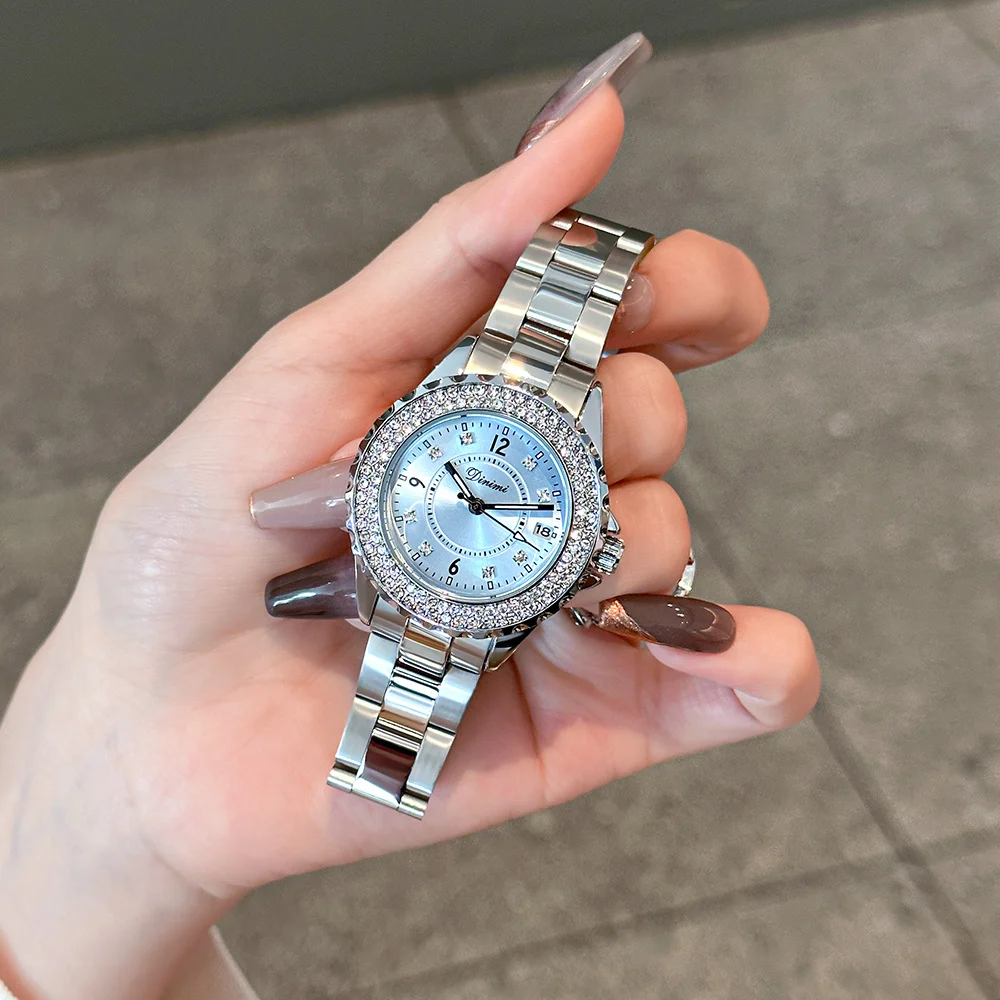 

Dinimi повседневные элегантные наручные часы с циферблатом, модный стальной ремешок, женские часы, цифровой трехигольный дизайн