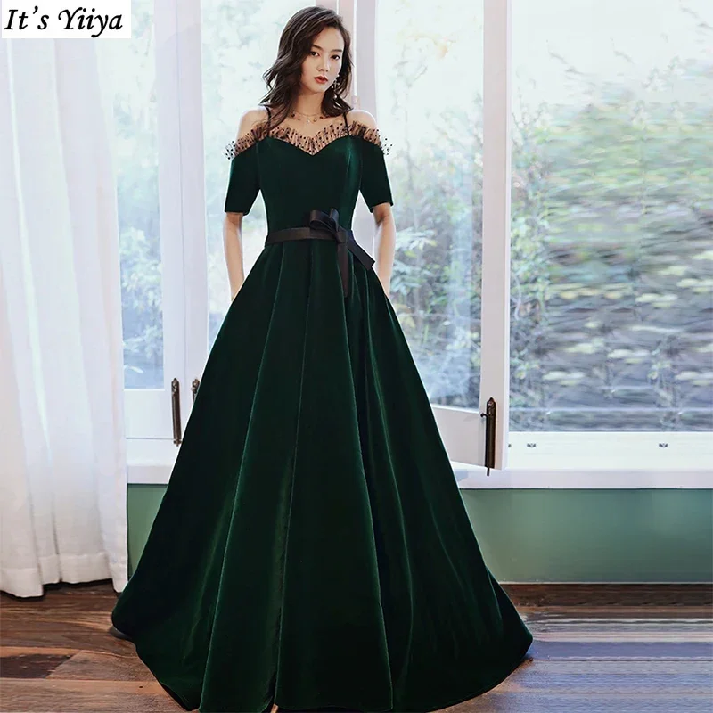 

It's Yiiya Customized Evening Dresses Green Flannel Off the Shoulder A-line Floor-length Plus size Woman Party Formal Gown A139