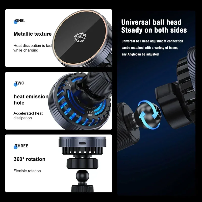 15W qi2 Car GPS Magnetic Wireless Charger Cooling Phone Holder For Magsafe iPhone 16 15 14 13 12 Pro Max Fast Charging Station