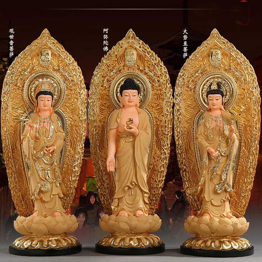 54CM Large A set 3PCS HOME shrine protection Buddhism XI FANG SANSHENG Standing Guan yin Amitabha Mahasthamaprapta Buddha statue