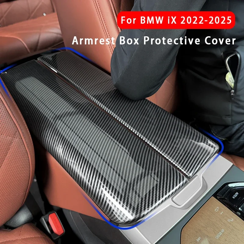 For BMW iX 2022-2025 Center Console Armrest Box Protective Cover Carbon Fiber Texture Armrest Box Cover Interior Accessories