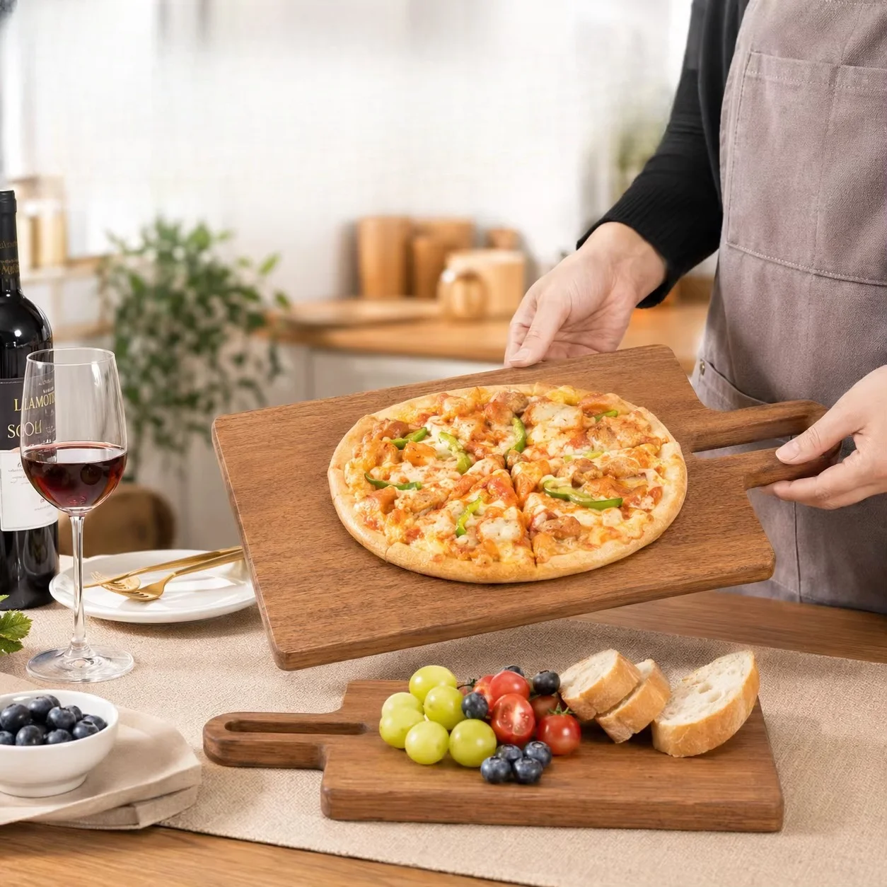 Wooden Cutting Board With Handle For Kitchen Pizza Cheese Serving Tray Easy To Clean Multipurpose Wood Chopping Block