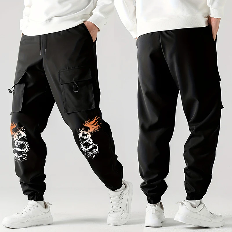 Dragon Print Cargo Pants for Men Outdoor Casual Hiking Joggers Drawstring Sweatpants Quick Dry Tactical Pants with Multi Pockets