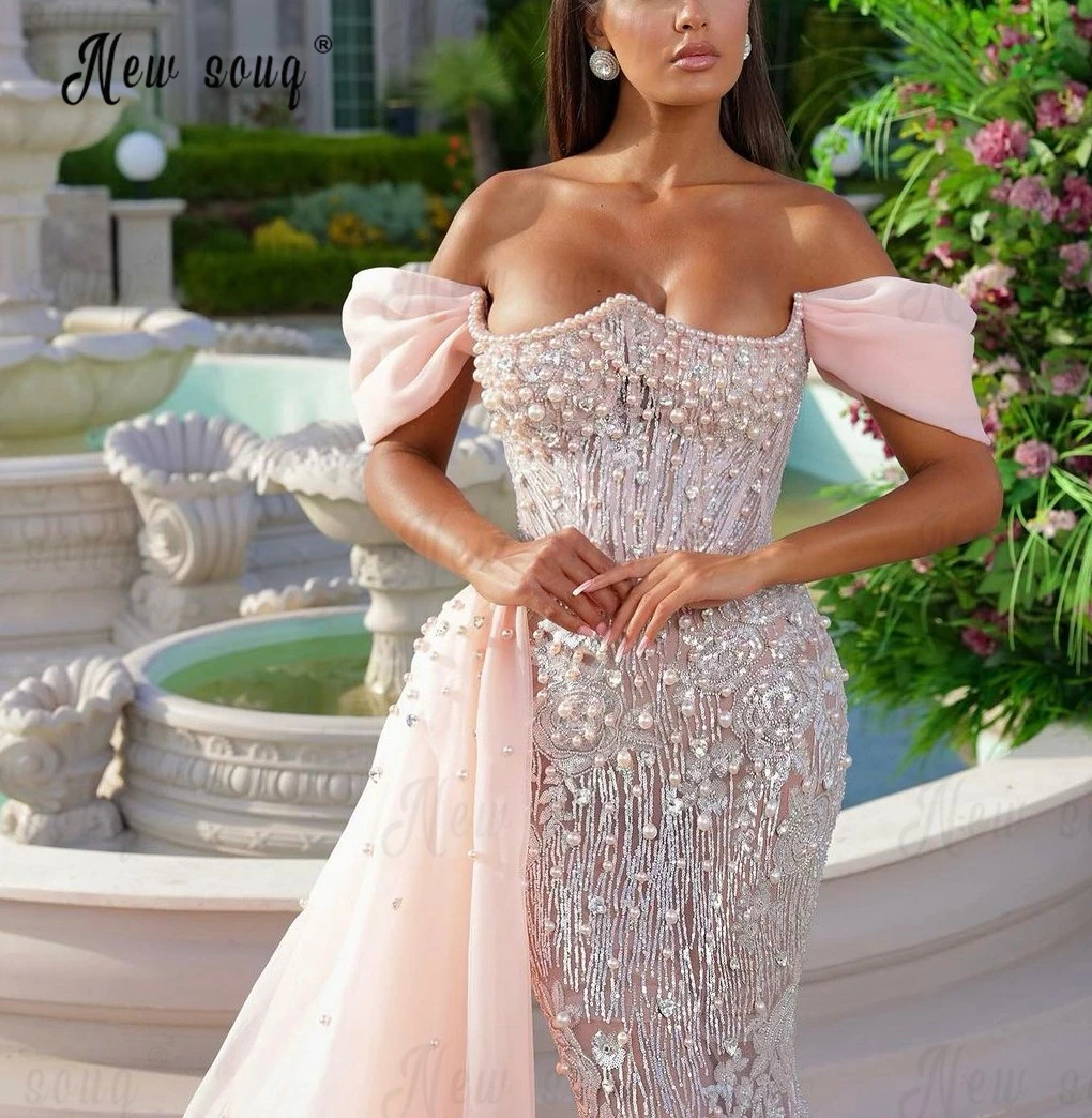 Baby Pink Puffy Off Shoulder Glitter Evening Dress 2024 Pearls Mermaid Wedding Dinner Party Gowns With Side Overskirt Customized