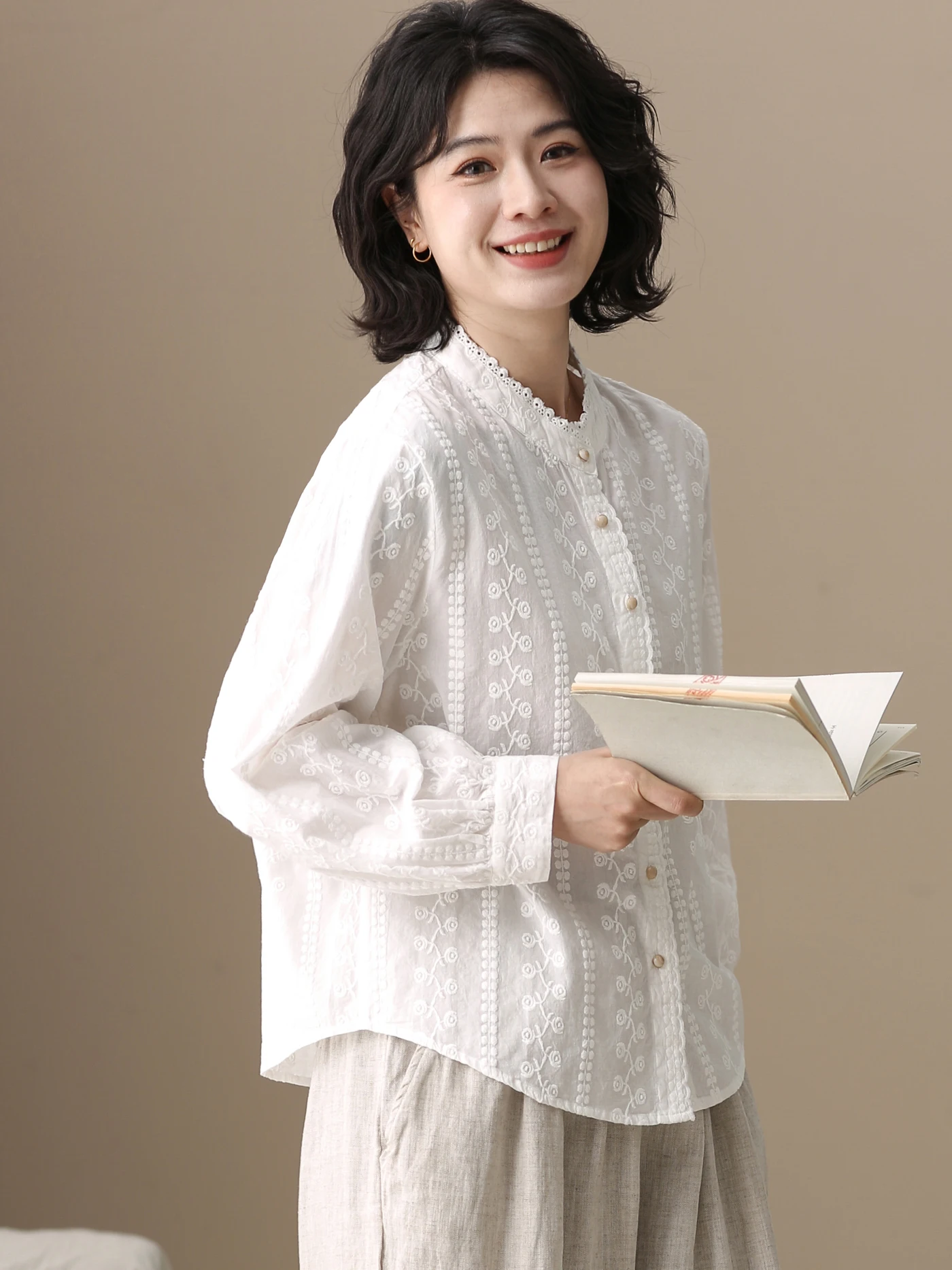 

Loose Long Sleeve Women's Shirt Single Button Lace Trim Casual Simple Cotton Breathable Spring Fashion Retro Style