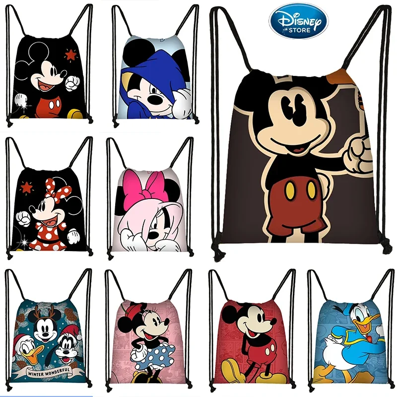 Disney Mickey Mouse Drawstring Backpack Minnie Cartoon Children Portable Grocery Storage Bag Boys Girls Anime Kids Outdoor Bag