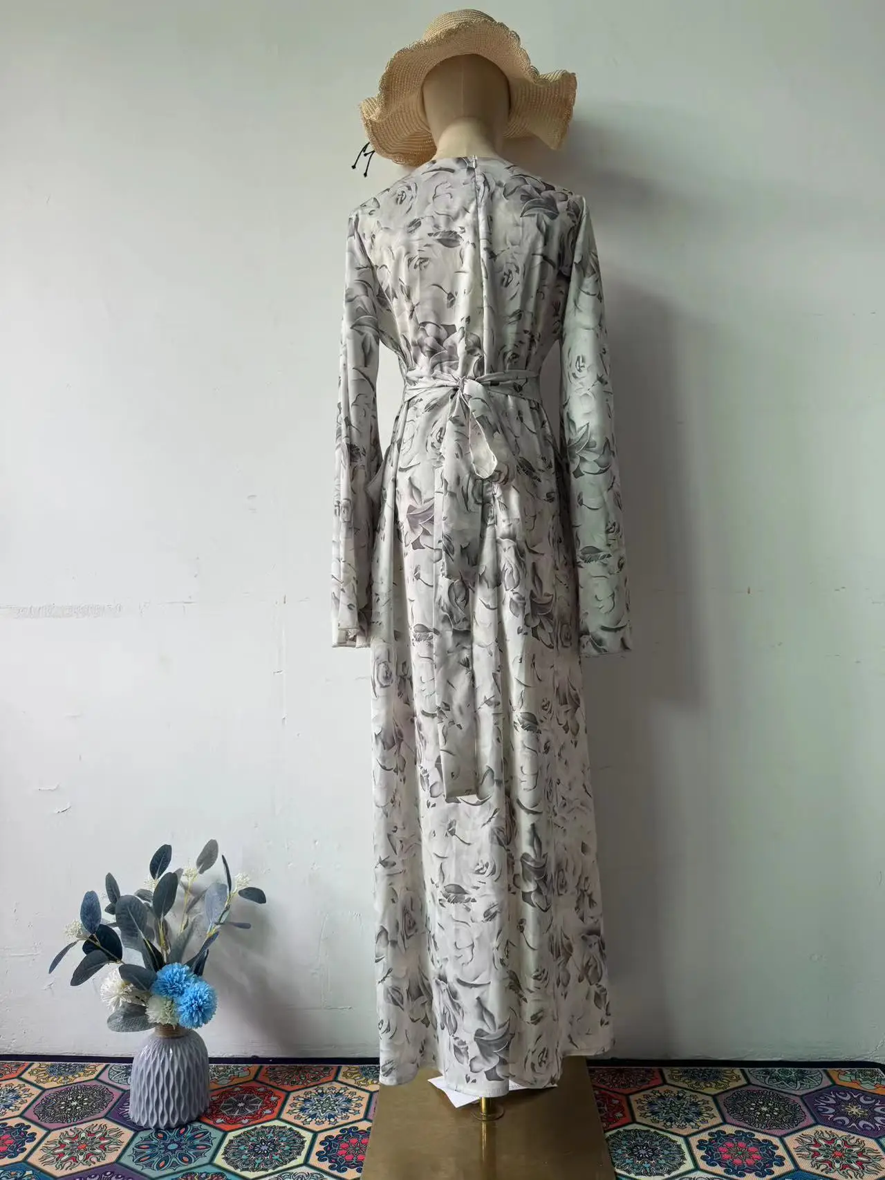 Abito donna musulmana Abaya stampa floreale Abiti Jalabiya Abiti con lacci Abaya Abito lungo arabo Ramadan Caftano marocchino 2025