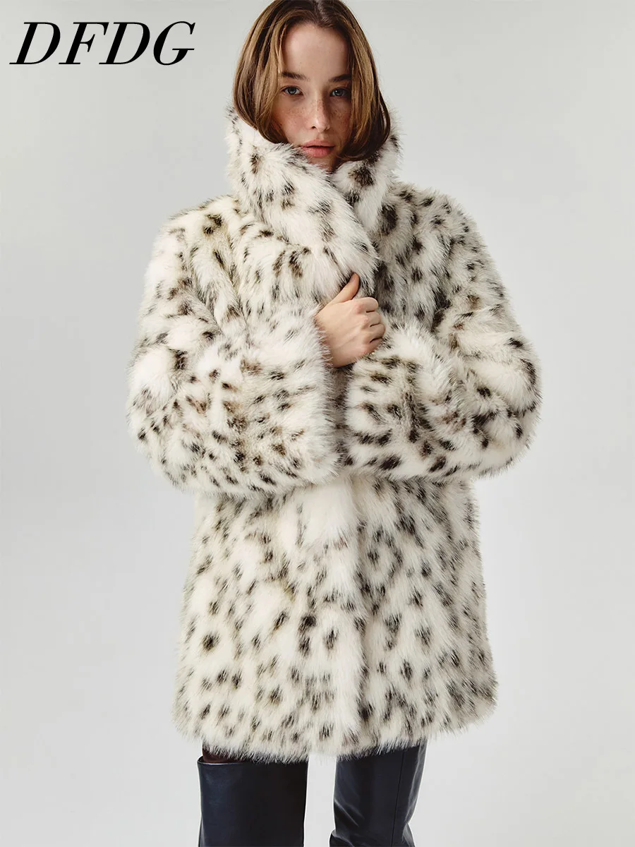 DFDG 2026 Women Spotted Faux Fur Mid‑Length Coat High Neck Fluffy Plush Oversized Jacket Luxury Warm Outerwear Winter Dating Fur