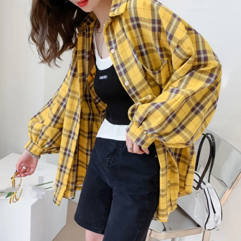 Streetwear Plaid Shirts Women Korean Fashion Oversized Tops Harajuku Daily All-match Long Sleeve Female Yellow Blouses New