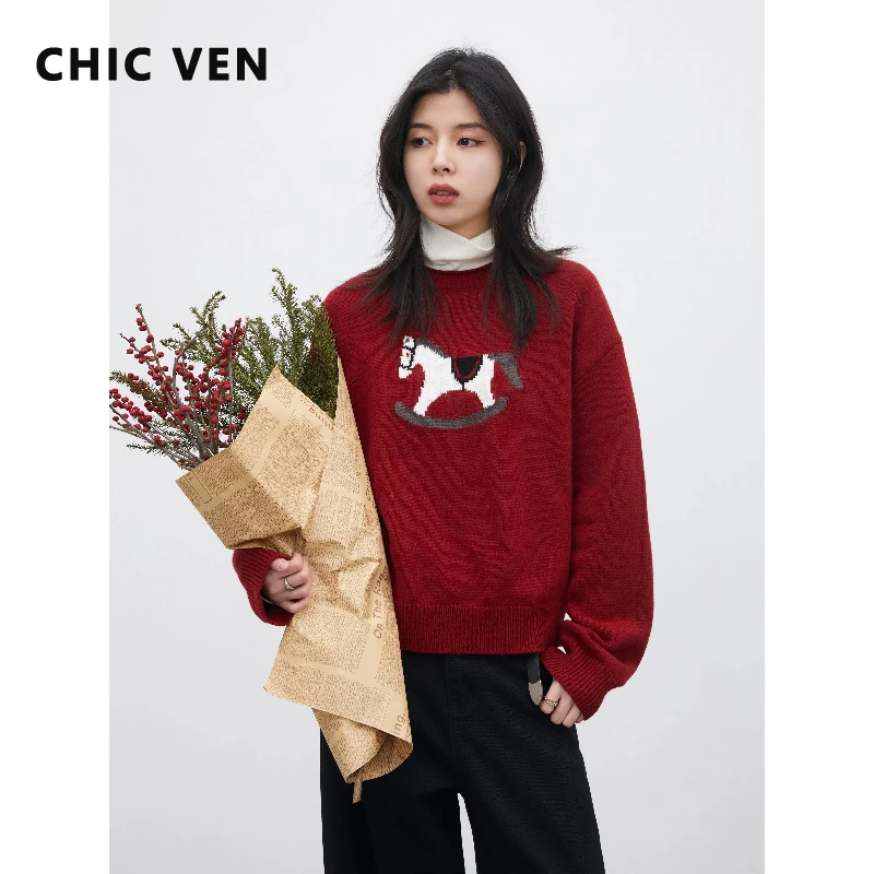 

CHIC VEN New Women Pullovers Loose Casual Red Small Horse Jacquard Knitted Sweater Ladies Jumpers Clothes Spring Autumn 2026