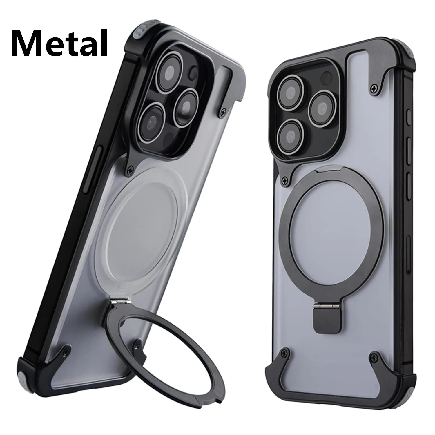 Frameless Aluminum Alloy Kickstand Metal Phone Case for iPhone 13 14 15 Pro Max Magsafe Magnetic Ring Stand Shockproof Shell