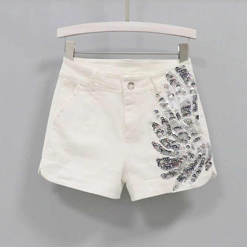 Short en jean élastique à paillettes pour femmes, taille haute, noir, blanc, vêtements pour femmes, été, nouveau, coréen, 2023