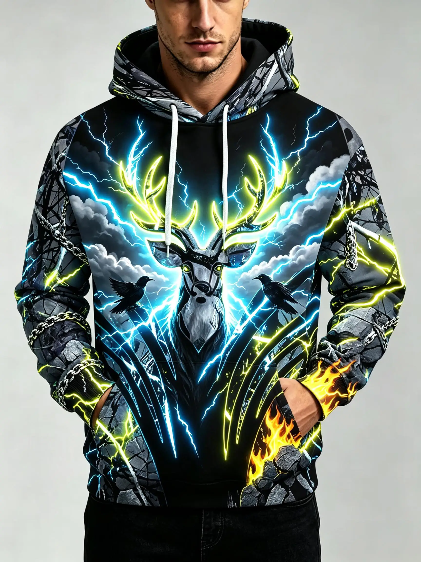 2026 Cool Men's Hoodie thin Autumn Winter Glowing Eyes Deer All Over Print Hooded Sweatshirt Flame Pullover Clothes