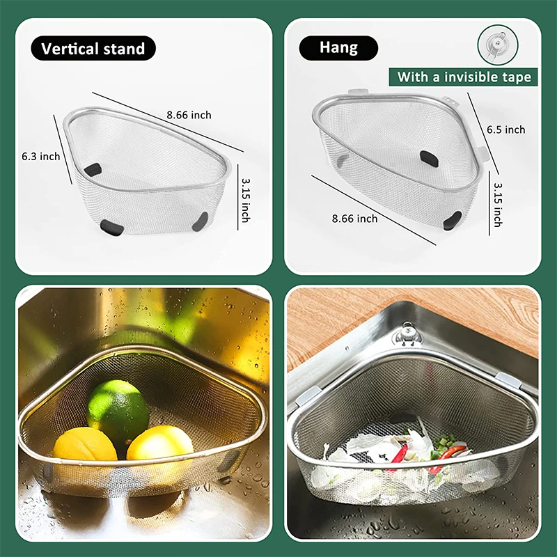 LMETJMA In-Sink Mesh Colander Strainer Basket Triangle Sink Drainage Rack with Suction Cup Kitchen Rag Sponge Holder JT74