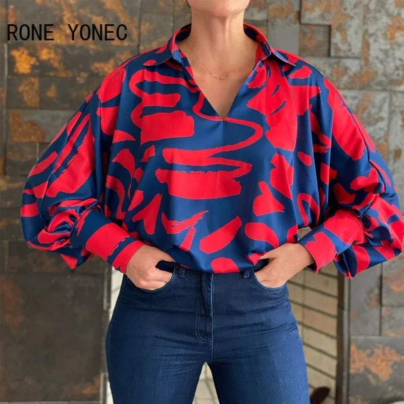 Women Casual Abstract V neck Batwing Sleeves Spring Loose Blouse Tops