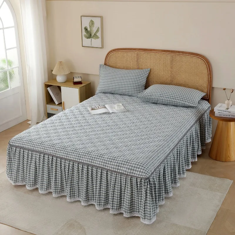 Cotton yarn-dyed padded bed skirt thickened and non-slip single-piece version dust-proof plaid printing, no pillowcase