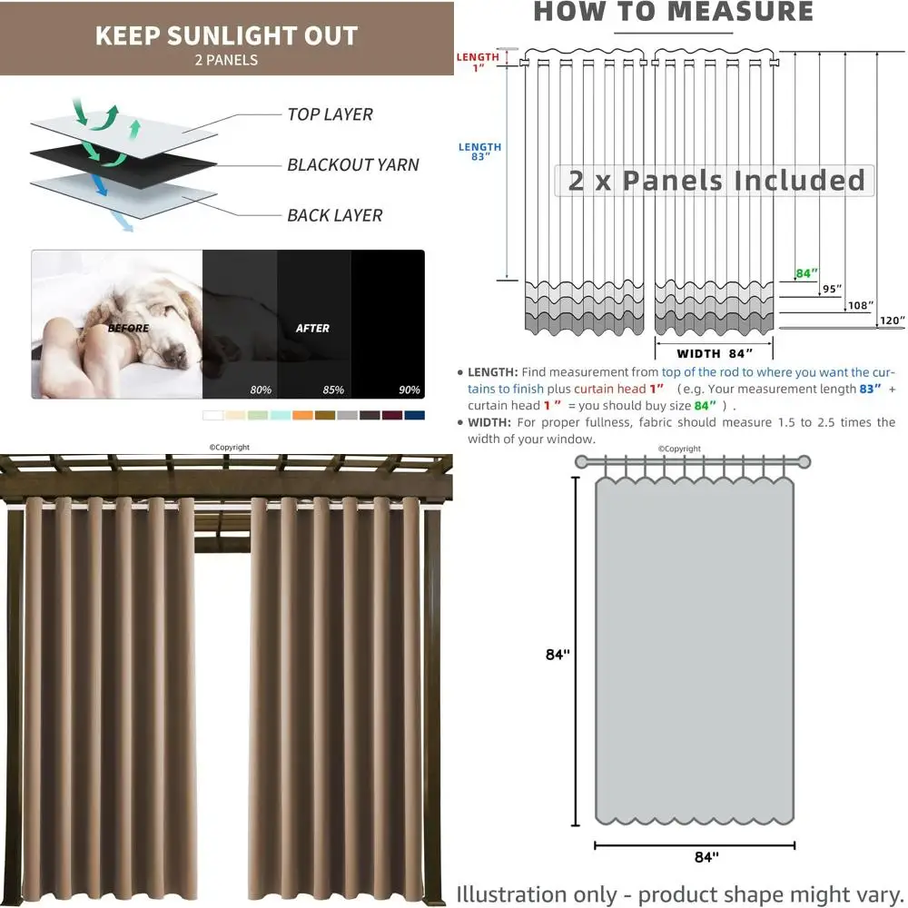 

Camel Brown 2-Panel Waterproof Outdoor Curtains, 84 W x 84 L, Grommet Top, Blackout for Home Patios and Gazebos