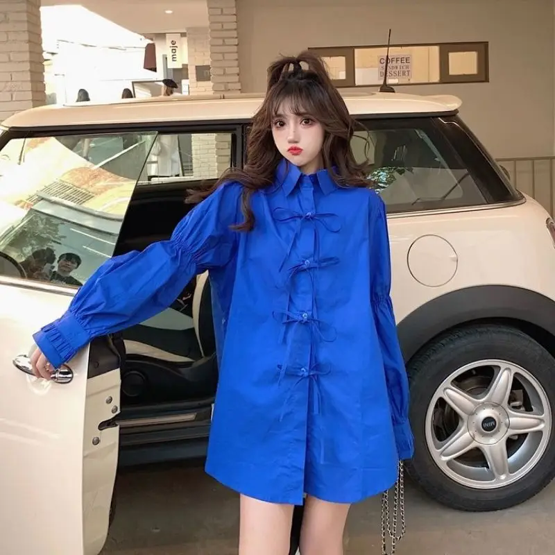 

2022 Spring Autumn Women Blouse Vintage Turn-down Collar Full Bow Chiffon Solid Puff Sleeve Long Loose Casual Shirts Mori Girl