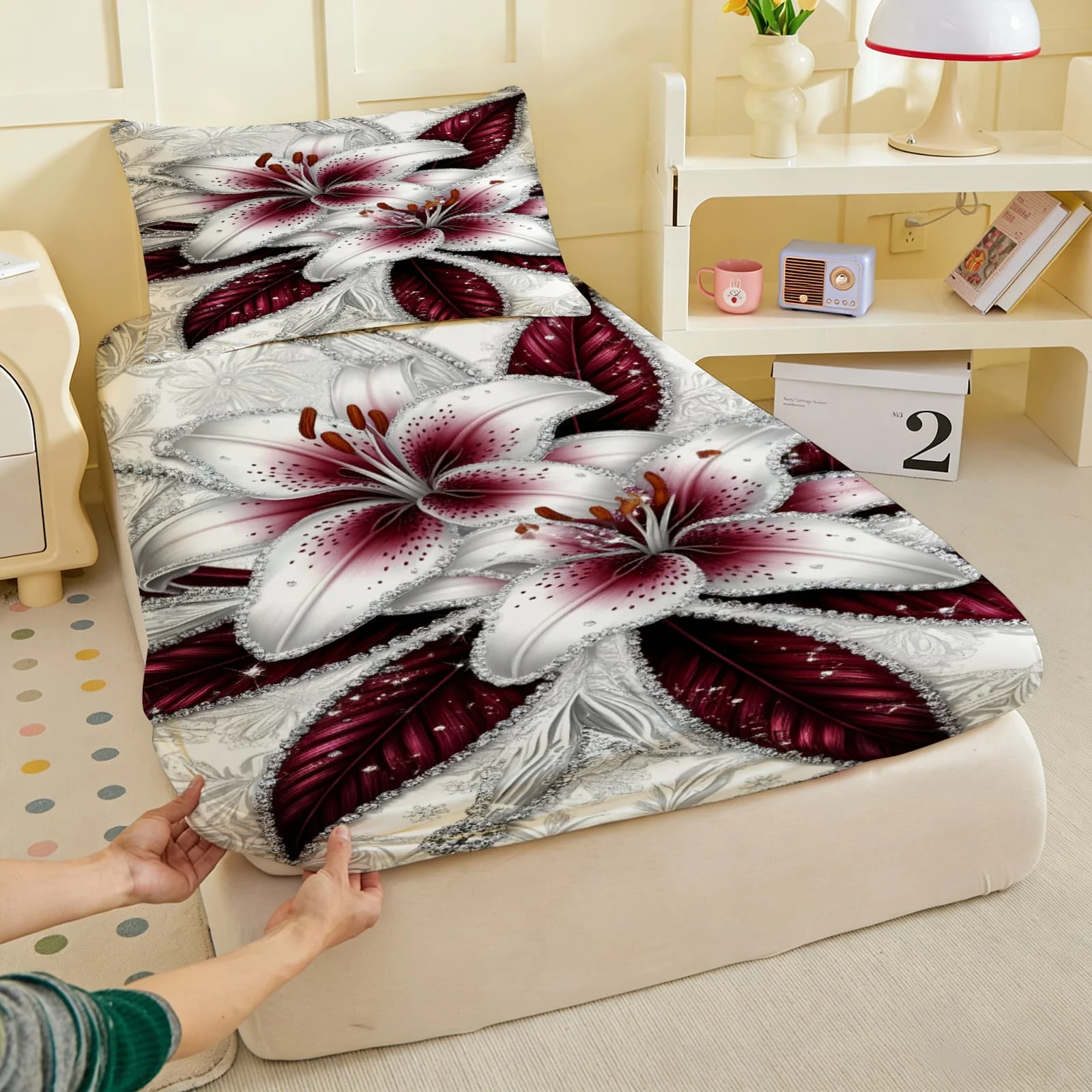 1pc Luxury Burgundy Lily Silver Laceprint Fitted Sheet Deep Pocket Elastic Mattress Cover Single Double Queen King Bedroom Decor