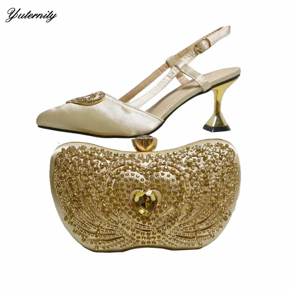 Summer Fashion Gold Color Shoes And Purse To Match Set Nigeria  Style PU With Stone Pumps Shoes And Bag Set For Occasion