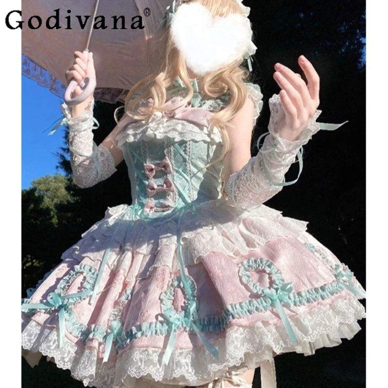 

Green Pink Ballet Style Cute Lolita Dress Female Bow Lolita Princess JSK Dress Women's Summer Japanese Sweet Birthday Dress