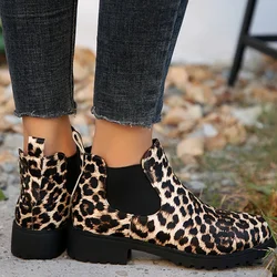 Fashion Leopard Chelsea Boots for Women 2023 Autumn Low Heels Woman Large Size Non-Slip Pu Leather Ankle Botas Mujer