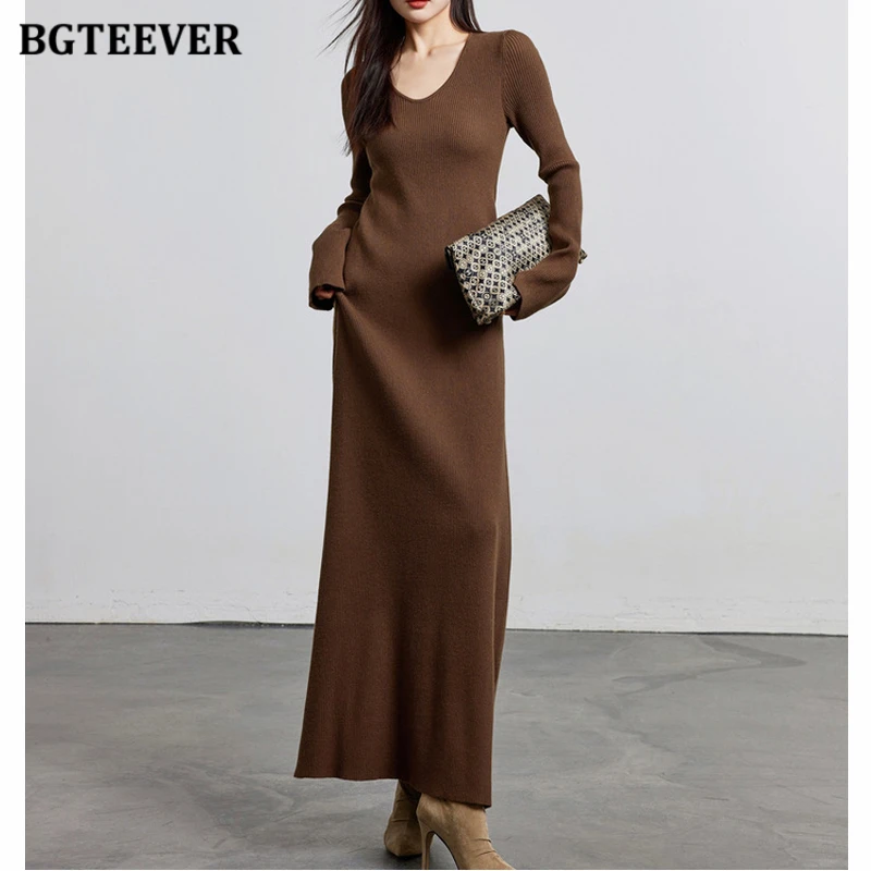 BGTEEVER Fashion V-neck Female Bodycon Sweaters Dress Autumn Winter Long Sleeve Slim Waist Women Knitted Dress