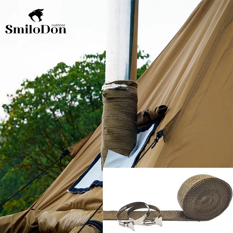 Smilodon 5M * 5Cm Diy Tent Kachel Vuurvast Lint Verstelbare Isolatie Met 2 Klemmen Brandwerende Pijp Glasvezel Doek Accessoires