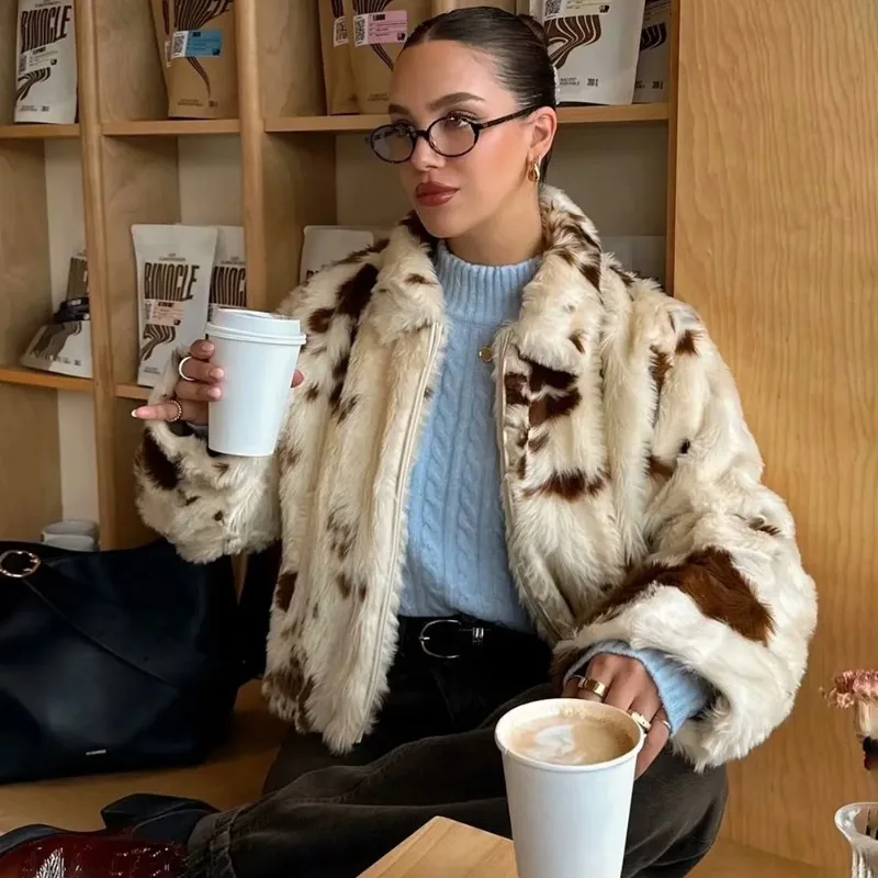 Tuularose Winter Fur Coat Fashion Contrast Collar Zip-Up Plush Patchwork Coats Casual Oversized Office Lady Chic Women's Outwear