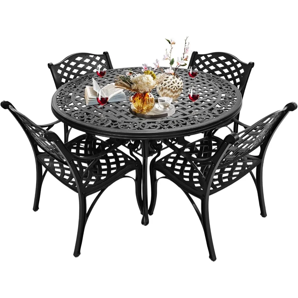 طاولة طعام مستديرة للاستخدام الخارجي مقاس 48 بوصة من الألومنيوم مع إطار مطلي بالمسحوق وحامل مظلة للحديقة