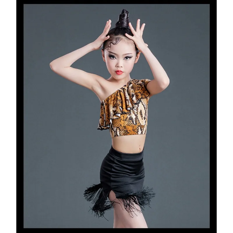 New Summer Girls Latin Dance Fringe Skirt Set Children's One-Shoulder Practice Wear  performance accessories Competition Attire