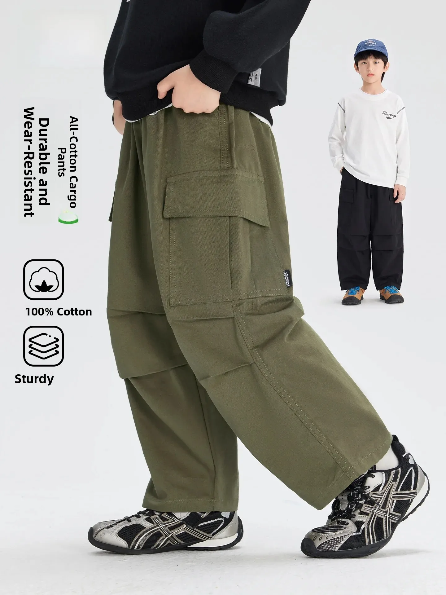 Pure Cotton Boys' Workwear Trousers with Large Pockets Outdoor Casual Long Pants Korean Style Autumn New Arrival Children's C...