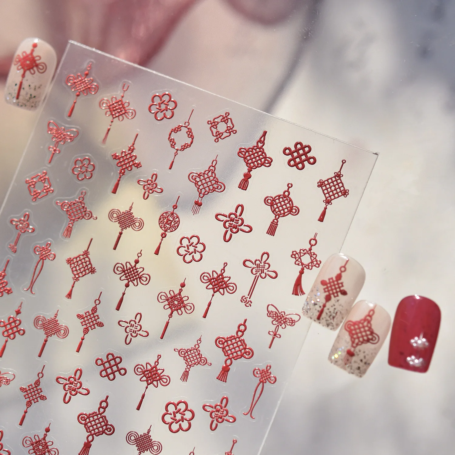 Delicate Red Chinese Knot Flowers Horse Pony Firework Unicorn New Year Koi Carp Goldfish Steed Nail Charms Art Stickers Decals