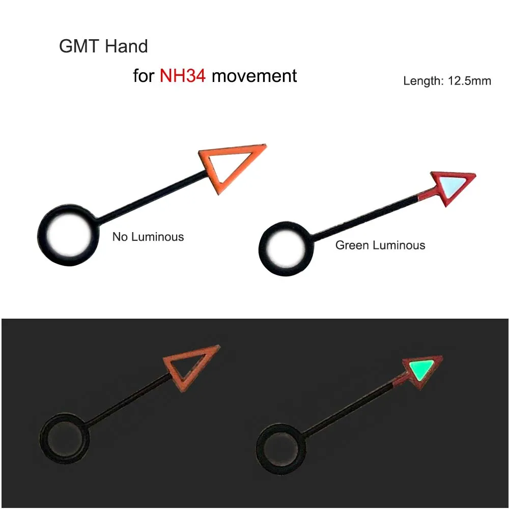 12.5mm Watch GMT Hand for NH34 Movement Green Luminous Modified gmt-hand Replacement Watch Pointer Parts