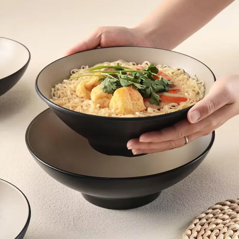 

Tableware Black Round Ramen Bowl Creative Imitation Porcelain Plastic Large Capacity Commercial Tabletop Ornament Simple Modern