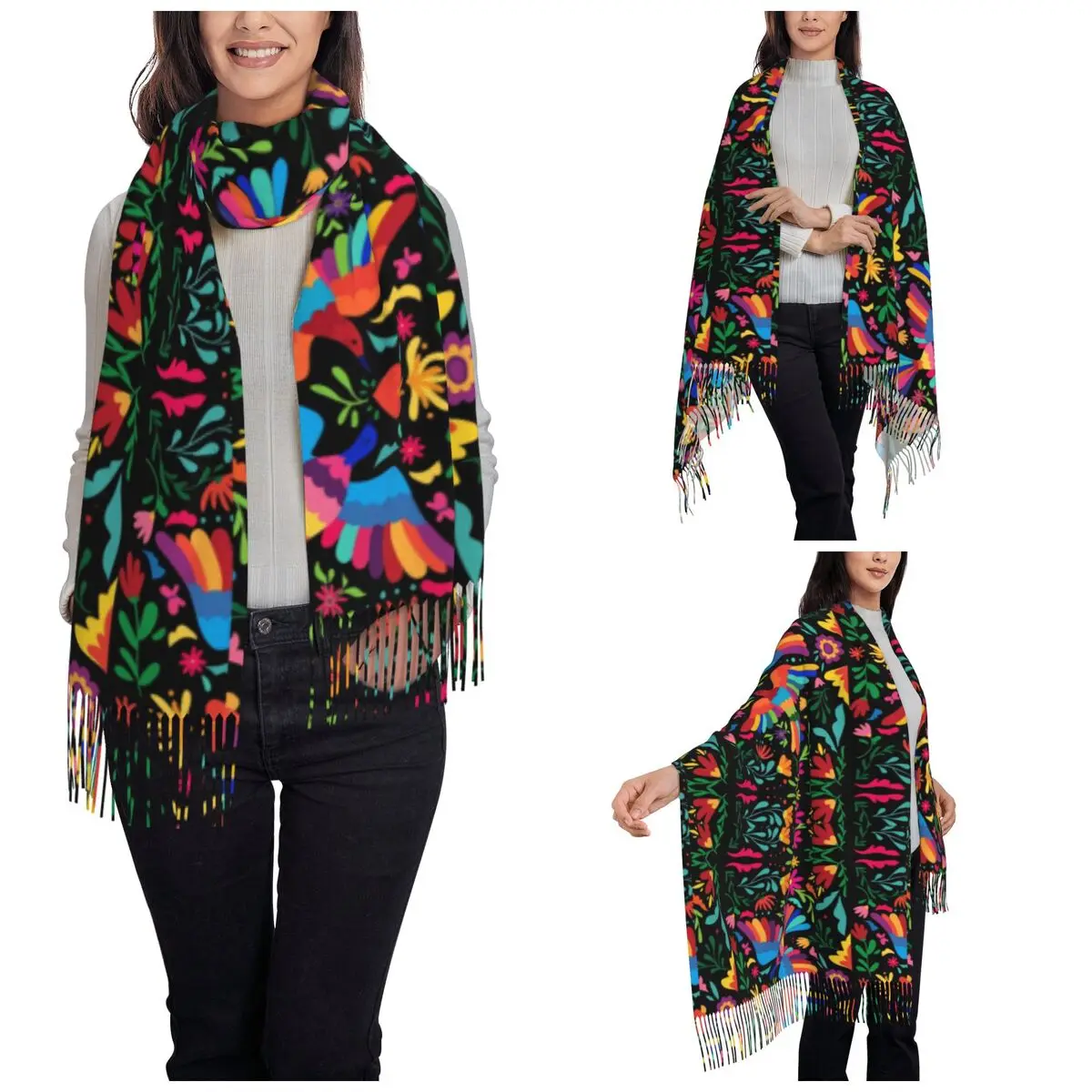 Mexican Floral Shawl Wraps for Womens Winter Large Soft Scarf Mexico Carnaval Pattern Pashminas Tassel Scarves