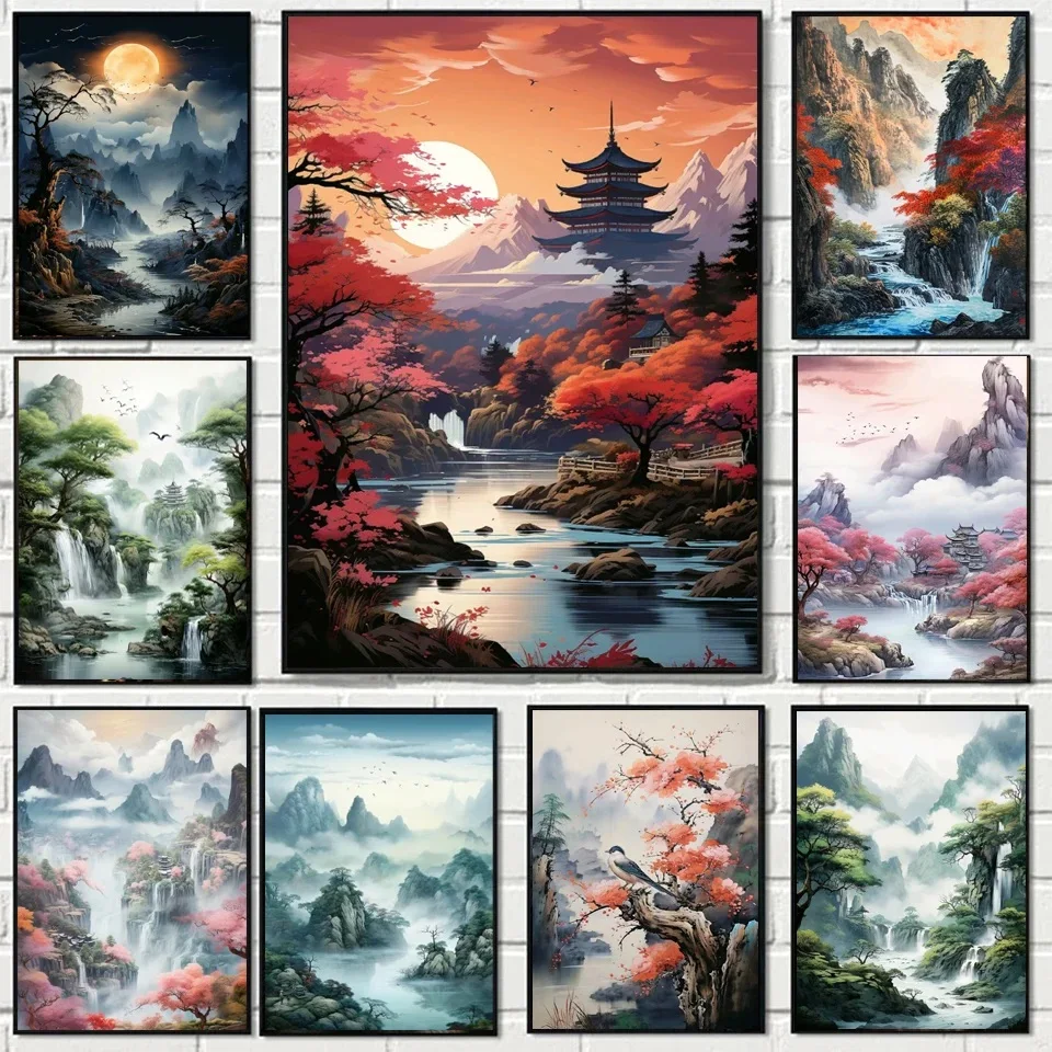 Chinese Diamond Painting New 2024 Mountain Waterfall Natural Scenery Embroidery Mosaic 5d Diy Rhinestone Cross Stitch X1451