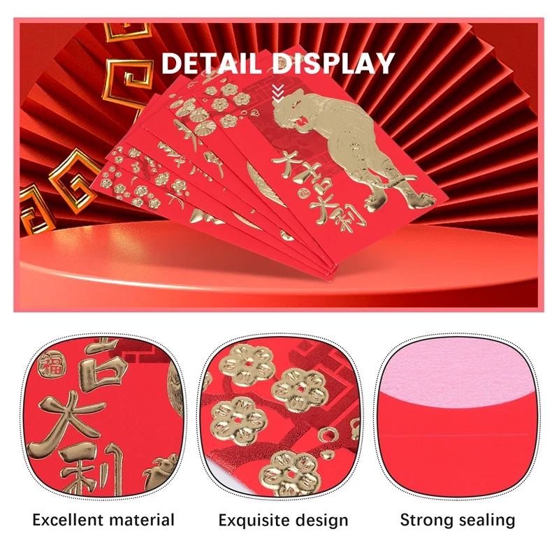 60 PCS Chinese Red Envelopes,2022 Chinese New Year Of The Tiger,6 Different Patterns Lucky Money Packets