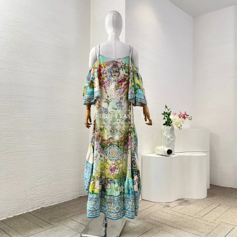

Blue Green Floral Print Long Sleeve Off The Shoulder Irregular Midi Dress 2025 Silk