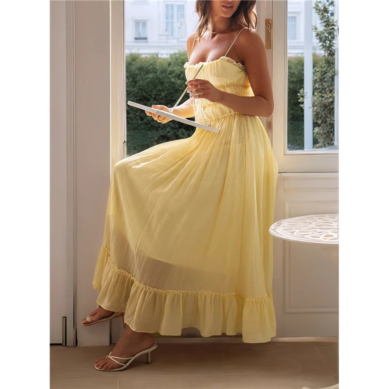 ASDS-สตรี 2025 ฤดูร้อนชุดลําลองสปาเก็ตตี้สายคล้องคอ RIC Rac Trim Smocked Ruffle Beach Long Maxi ชุด