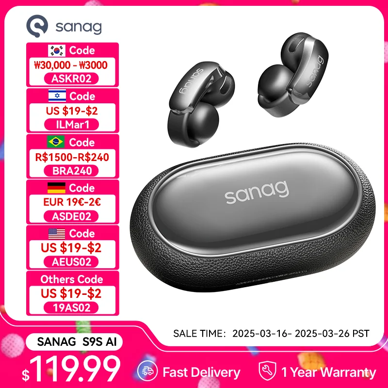 Sanag S9S AI Wireless Earphone OWS Ear Clip Headset Bluetooth 5.4 AI Voice Translation Headphone IPX4 Stretchable Sports Earbuds