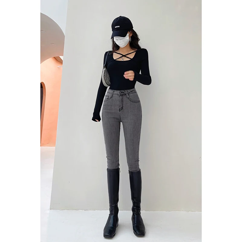 

Джинсы Slim Fit Bootcut, женские джинсы Thiened Fce на подкладке, американский Sle, весна-осень, маленький размер, сексуальные девушки с высокой талией на молнии