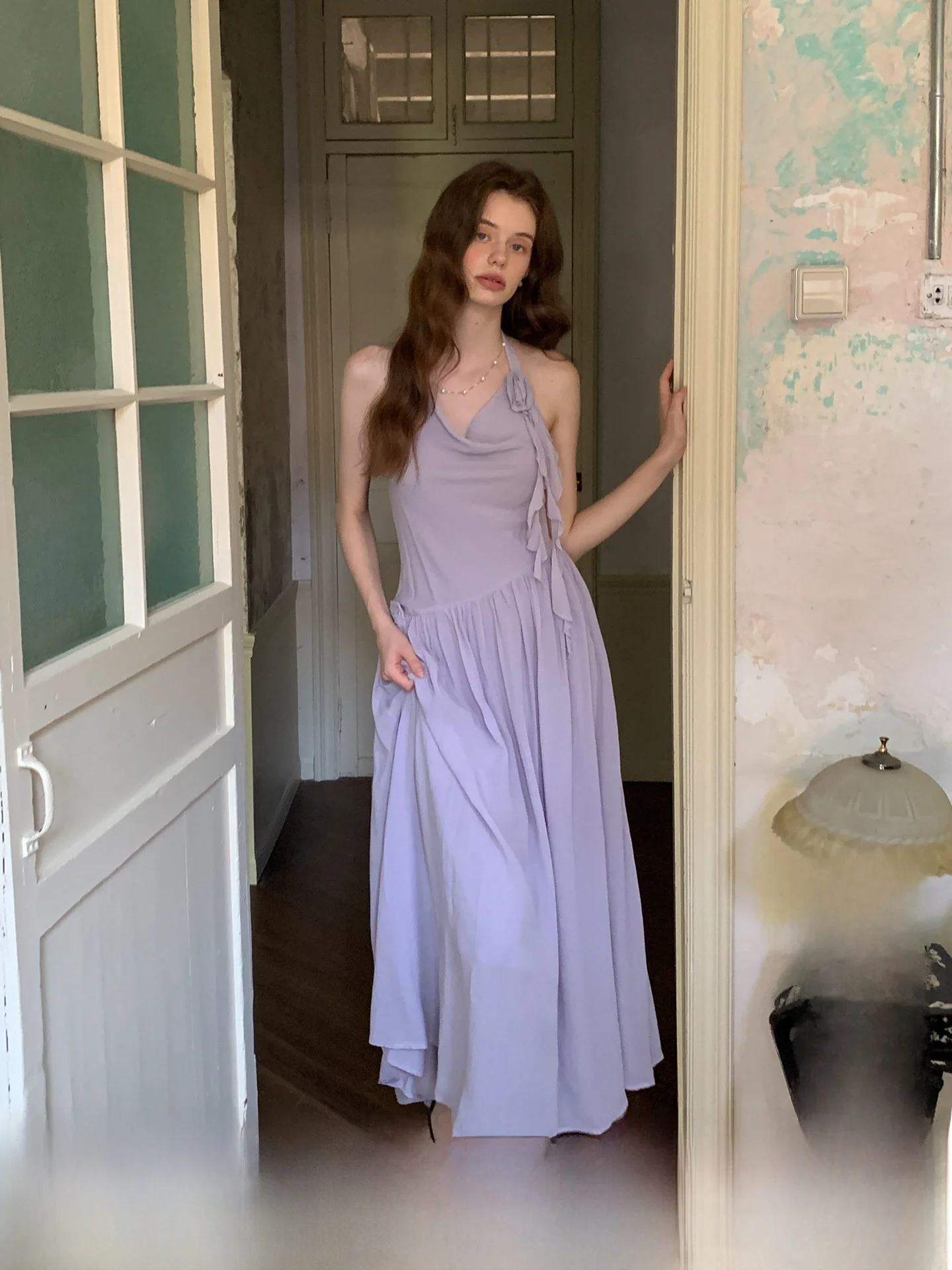 

ZhuYiYi Elegant Purple Thin Strap Neck Hanging Dress Women's Summer Slimming Long Dress Slight Wind Chaste Style A-Line Skirt