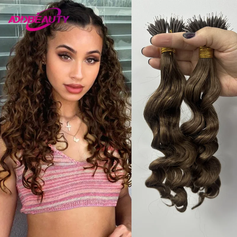 Natural Wave Micro Link Hair Extensions Human Hair for Women 1g/pc 50pcs Nano Ring Human Hair Extension 100% Human Remy Hair 613