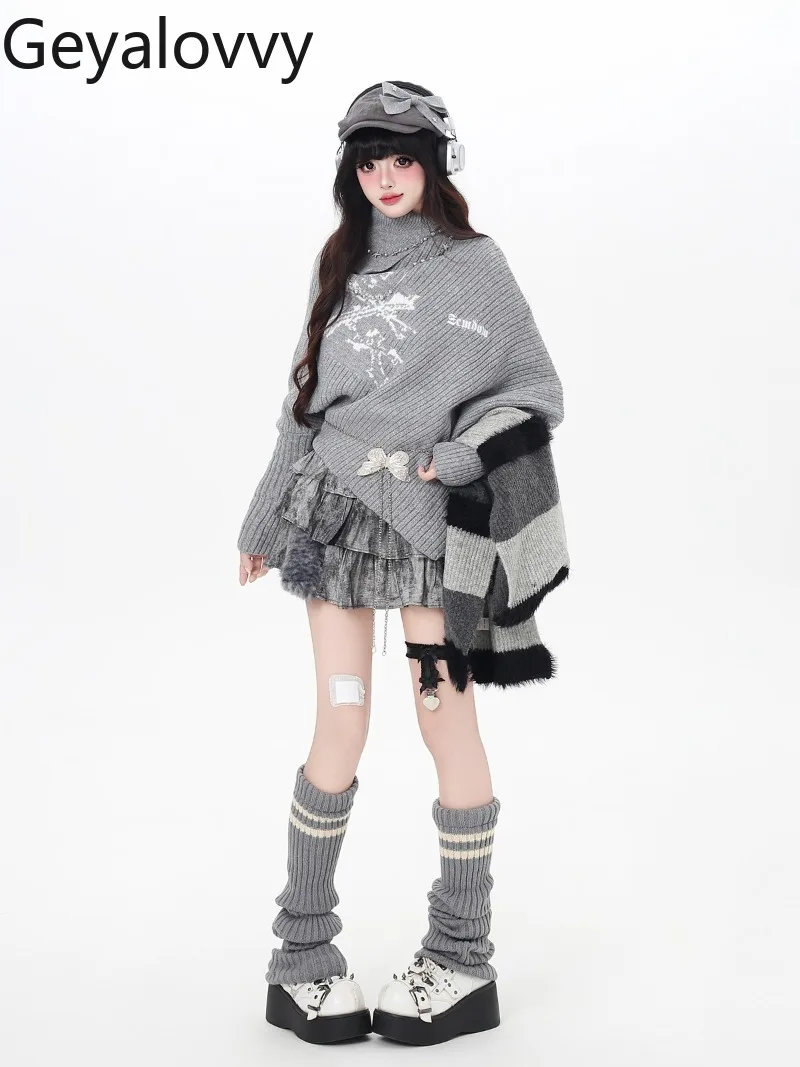 

Нежный свободный свитер с высоким воротом нестандартного дизайна, осень-зима, новый серый универсальный верхняя одежда с длинными рукавами, вязаный пуловер