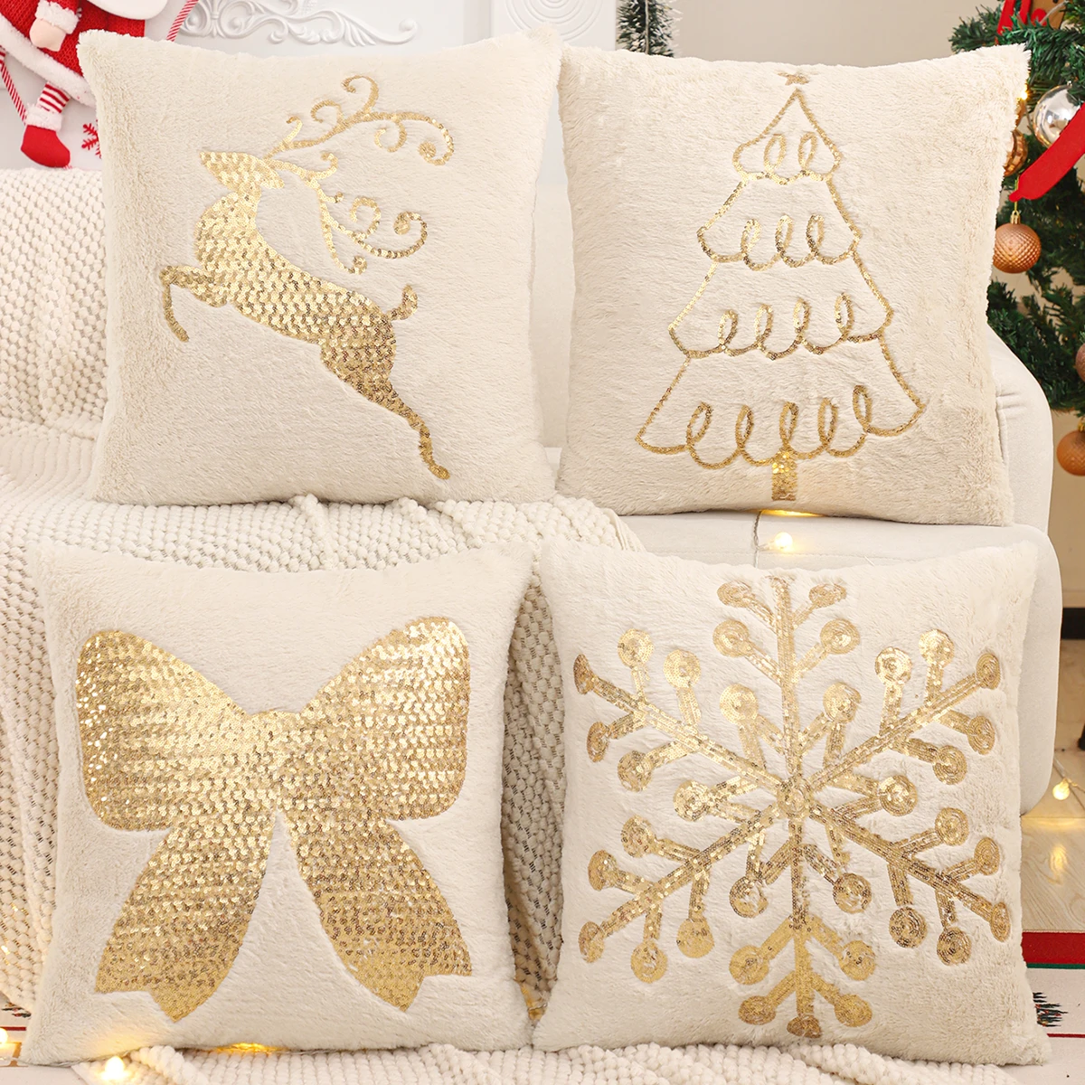 Throw Pillow Cover Christmas Decoration Faux Fur Snowflake Reindeer Bow Christmas Tree Winter Plush Farmhouse Home Living Room