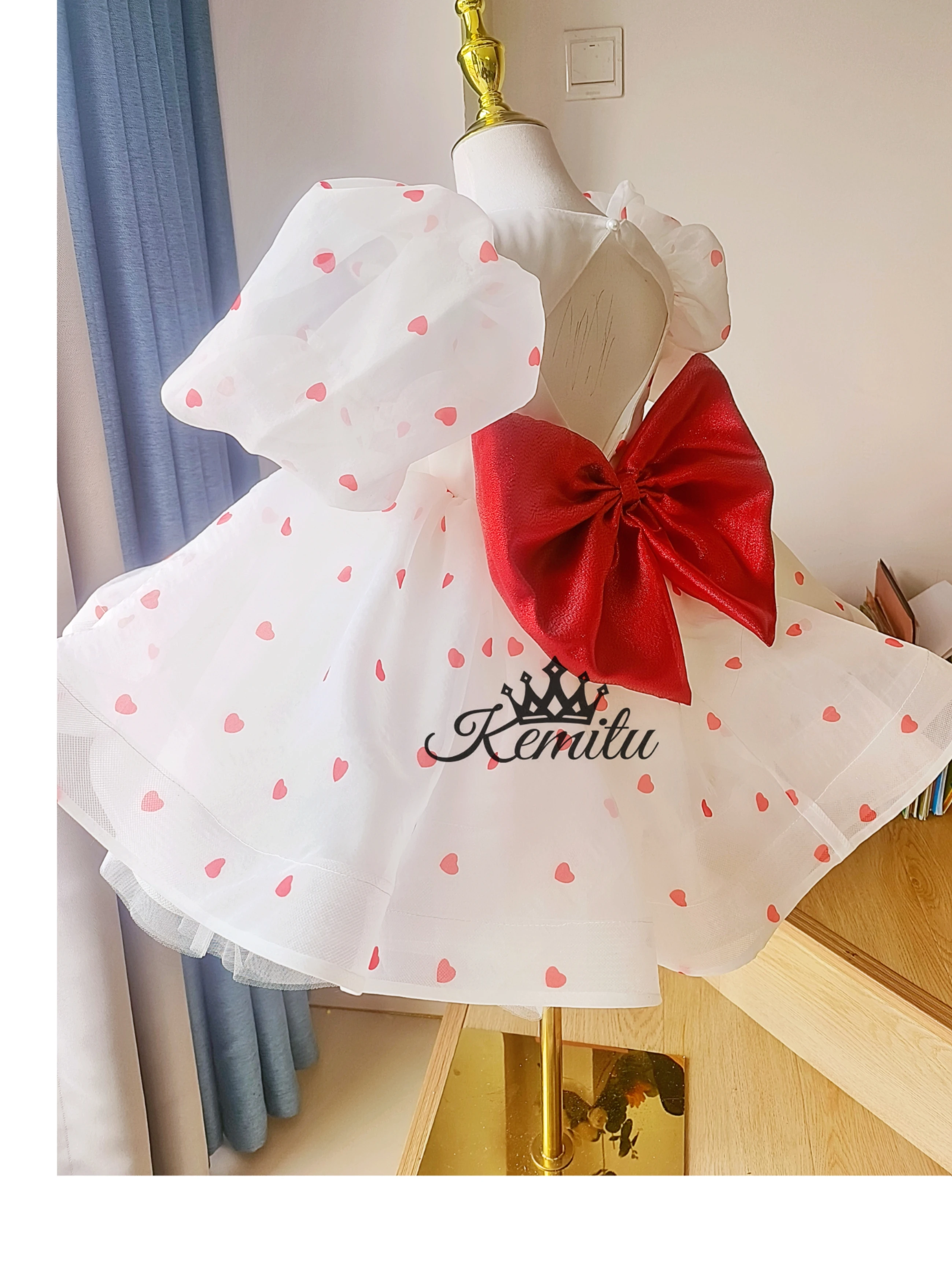 Robe de princesse personnalisée pour petites filles, à fleurs, à manches bouffantes, avec gros nœud, pour fête de 1er anniversaire