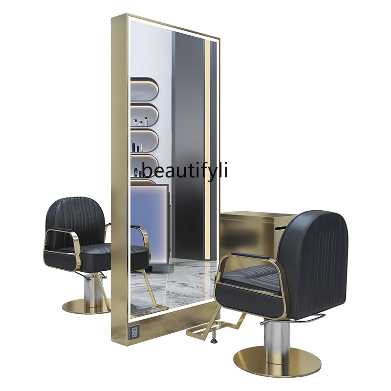 Hair Dressing Table Floor-Standing Hot Dyeing Wall Stainless Steel Barber Shop Mirror Hair Salon Double-Sided Mirror