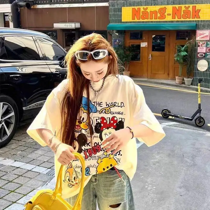 Trendy Brand New Fashion Heavy Craft Full Diamond Cartoon T-Shirt Age-Reducing Loose Short-Sleeved Tshirts Top Pullover Ladies